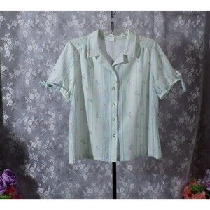 Vintage 70s Green Blouse Size Large 1970s Retro Floral Short Sleeve Boho Hippie